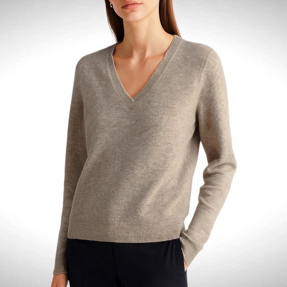 Magaschoni Cashmere Women's L V-Neck Pullover‎ Sweater Gray Minimalist Classic